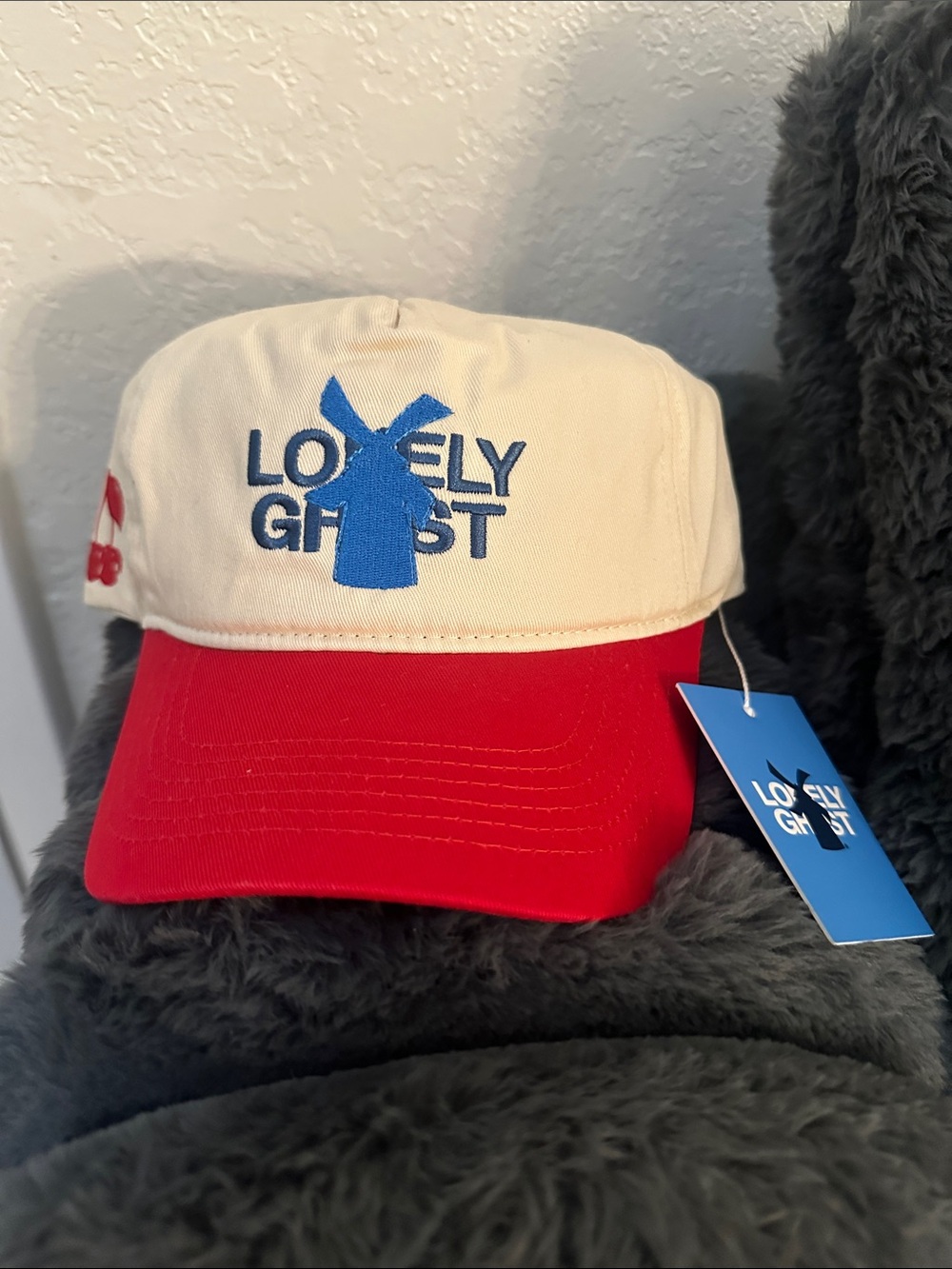 LONELY GHOST Two-Tone Red and Cream Cap with Blue Embroidered Logo